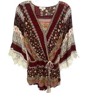 Umgee Faux Wrap Romper Womens Size Small Patchwork Crochet Boho Cottagecore